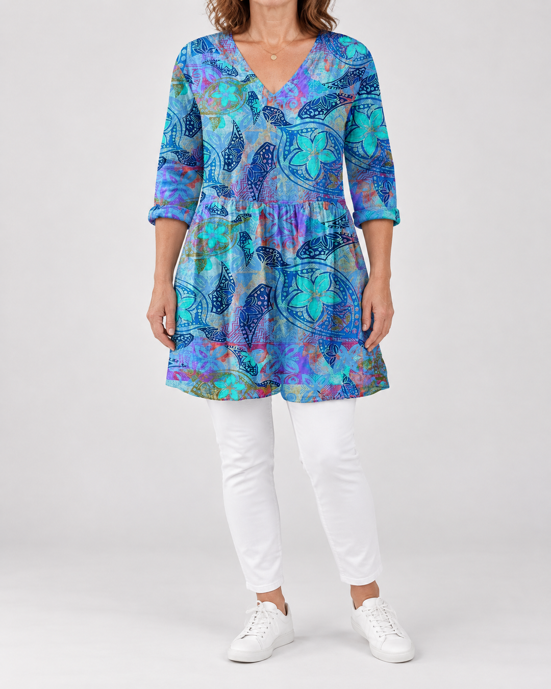 Marguerite - Printed Tunic Top in blue batik, front view