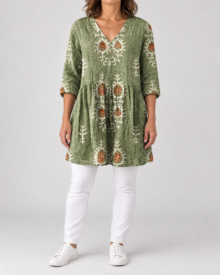 Marguerite - Printed Tunic Top in green folk, front view