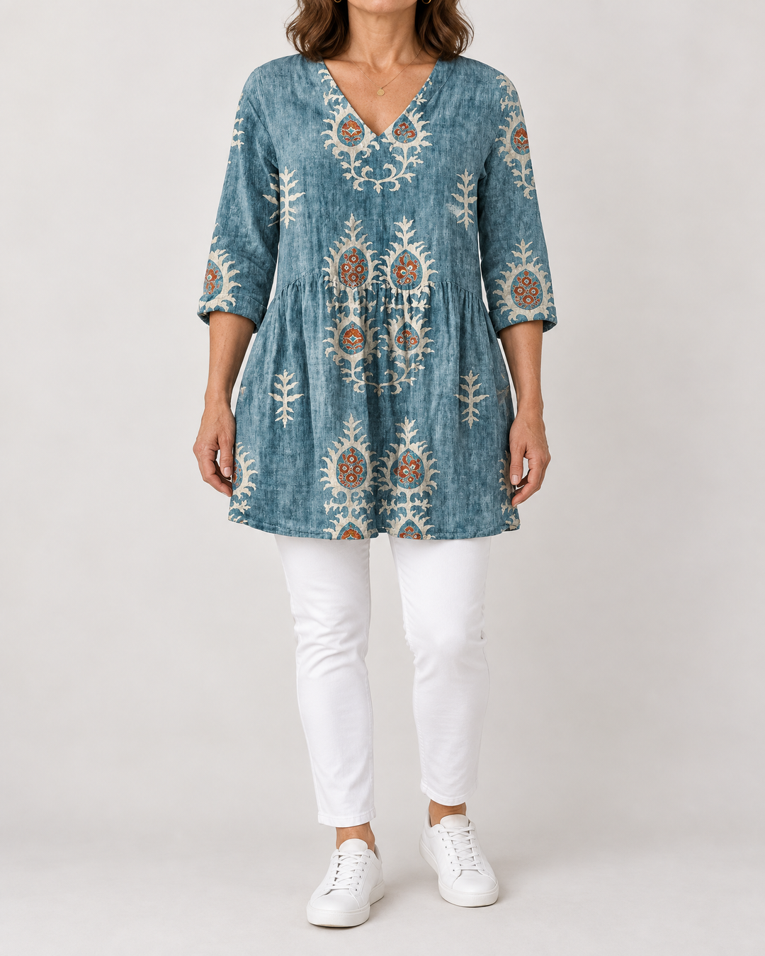 Marguerite - Printed Tunic Top in blue folk, front view