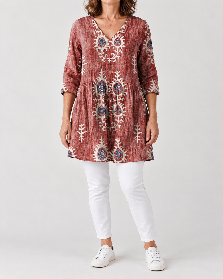 Marguerite - Printed Tunic Top in red folk, front view