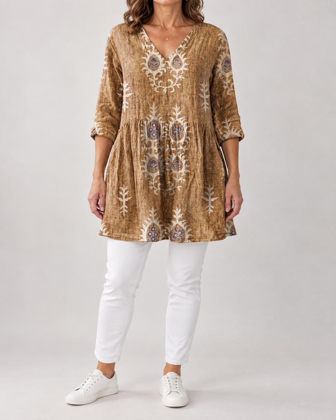 Marguerite - Printed Tunic Top in yellow folk, front view