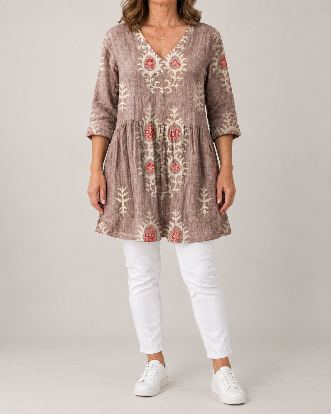 Marguerite - Printed Tunic Top in pink folk, front view