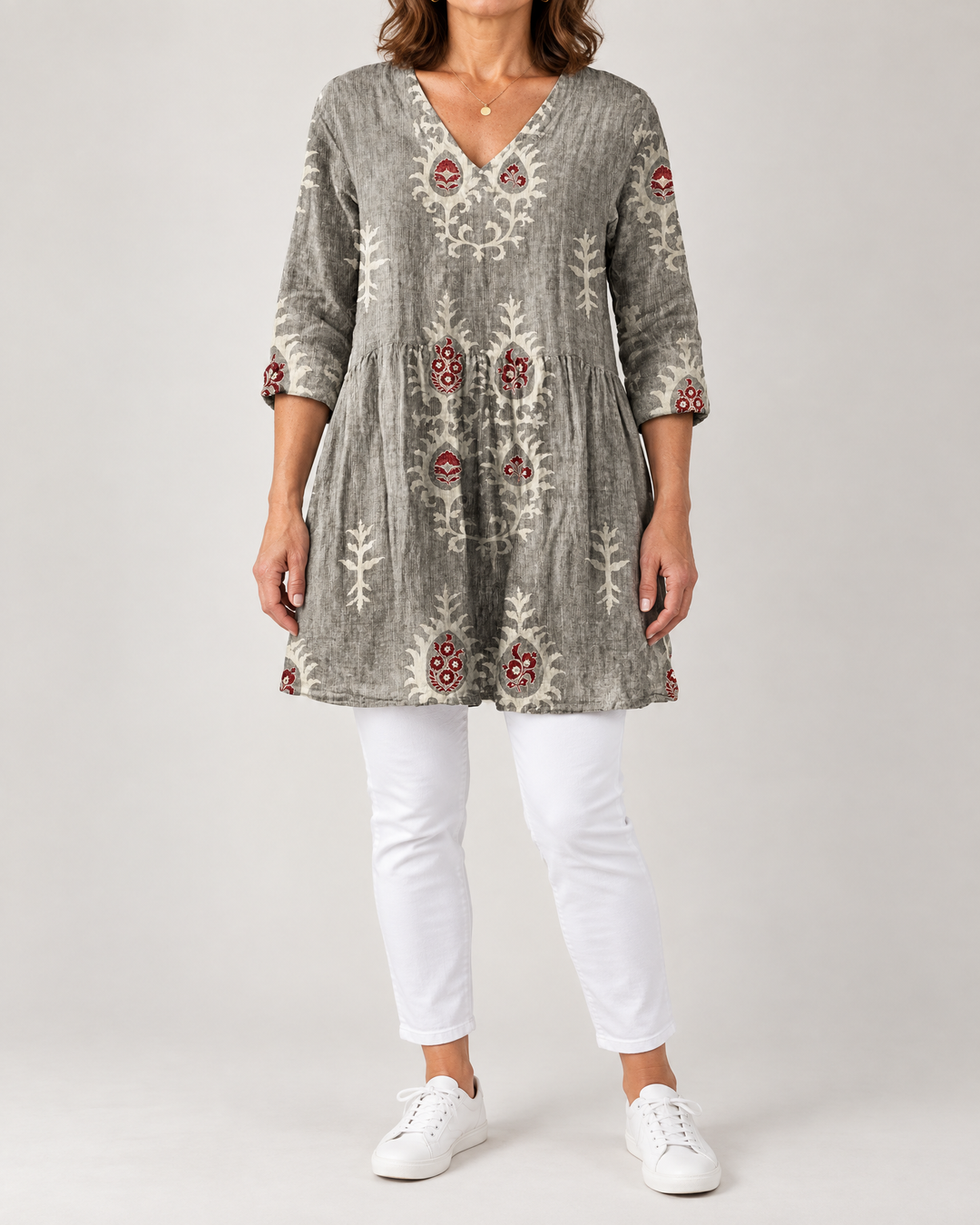 Marguerite - Printed Tunic Top in grey folk, front view