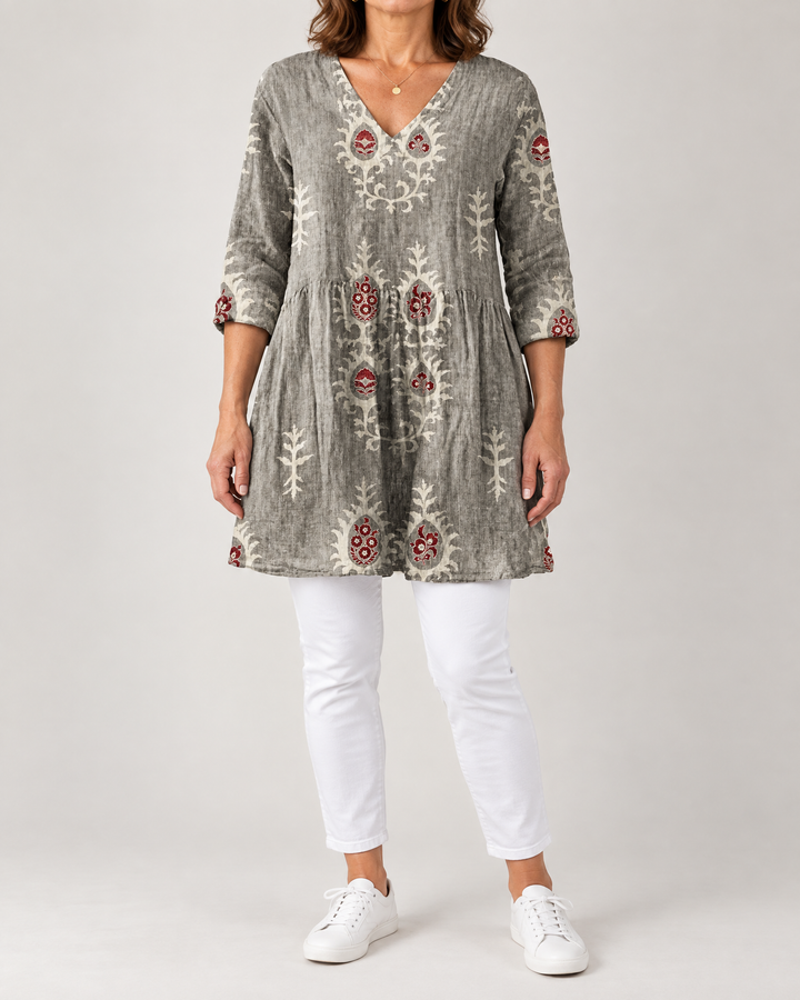 Marguerite - Printed Tunic Top in grey folk, front view