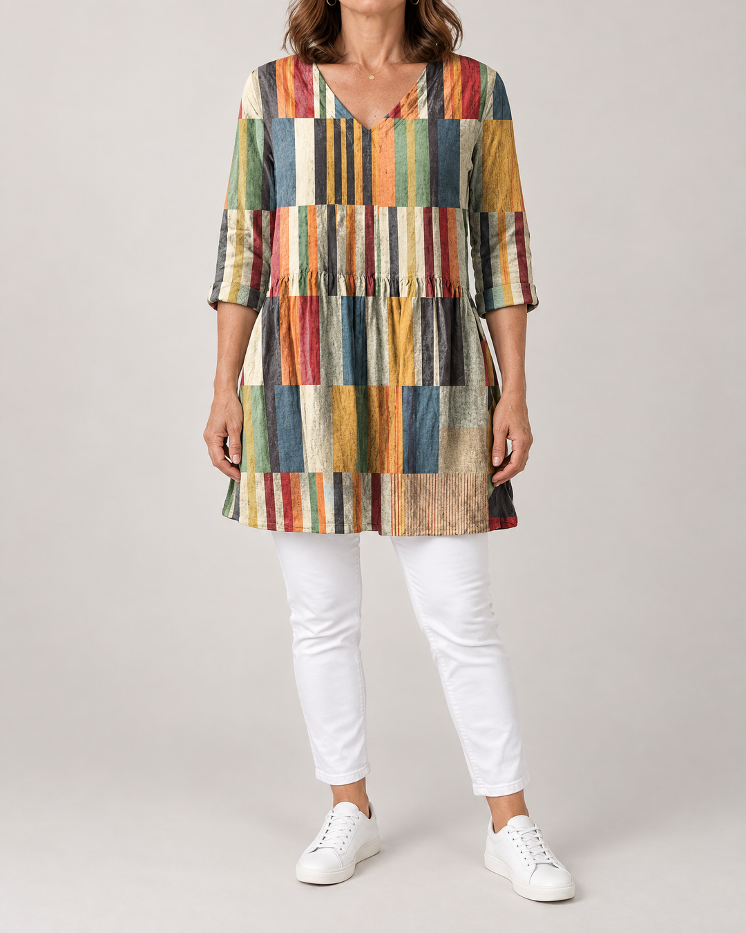 Marguerite - Printed Tunic Top in rainbow patchwork, front view