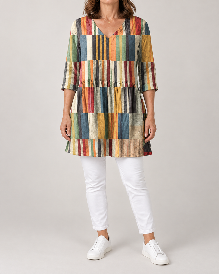 Marguerite - Printed Tunic Top in rainbow patchwork, front view