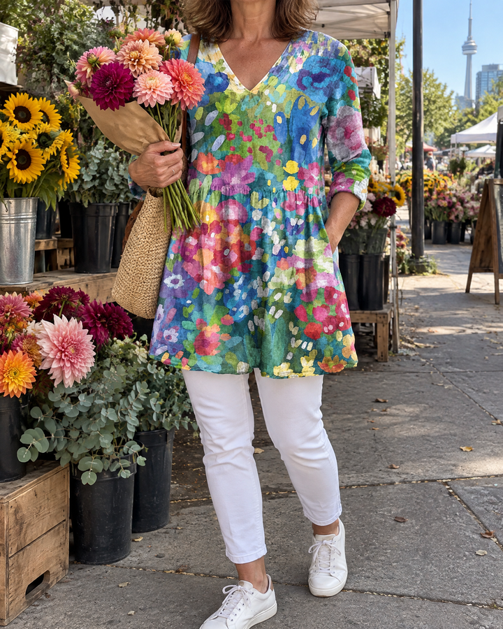 Marguerite - Printed Tunic Top in watercolour garden, worn at a market